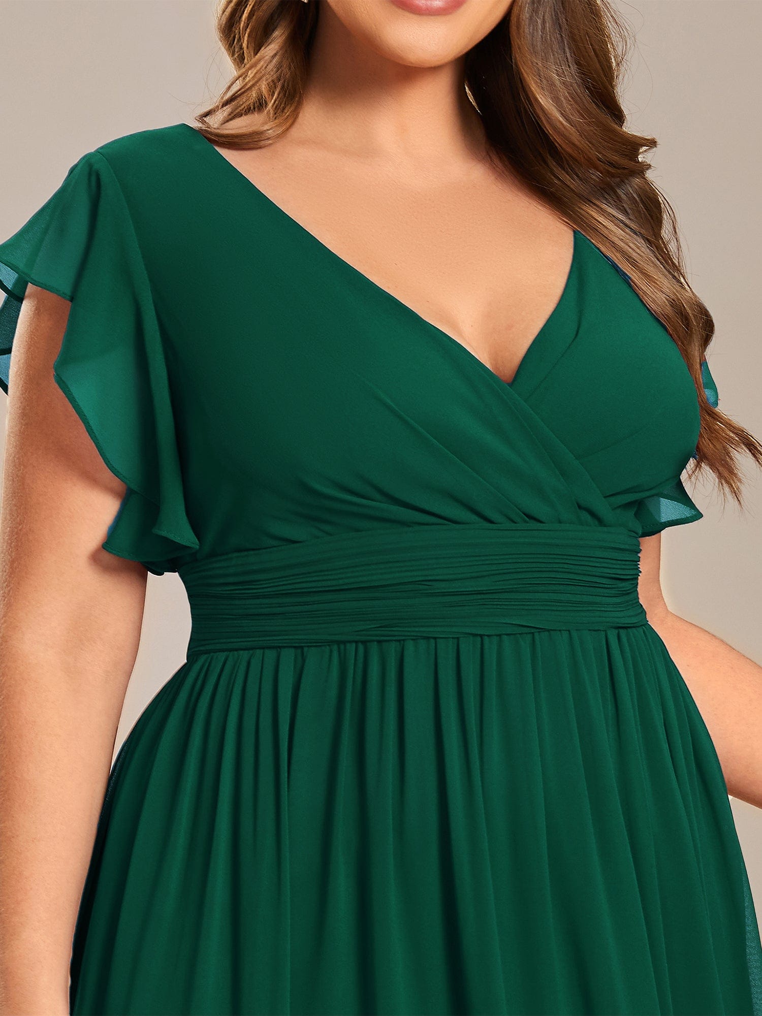 Plus Size V-Neck Open Back Ruffled Sleeves Chiffon Bridesmaid Dress #color_Dark Green