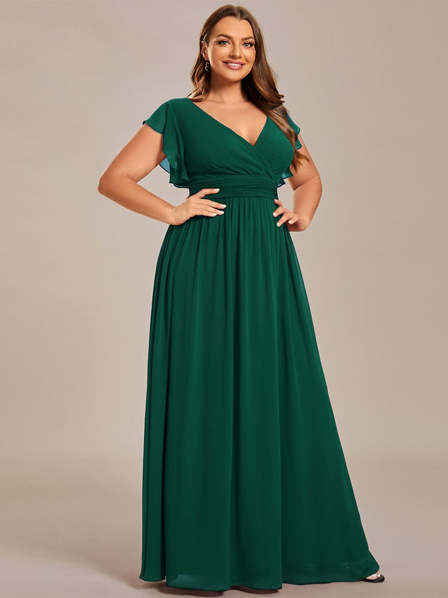 Plus Size V-Neck Open Back Ruffled Sleeves Chiffon Bridesmaid Dress #color_Dark Green