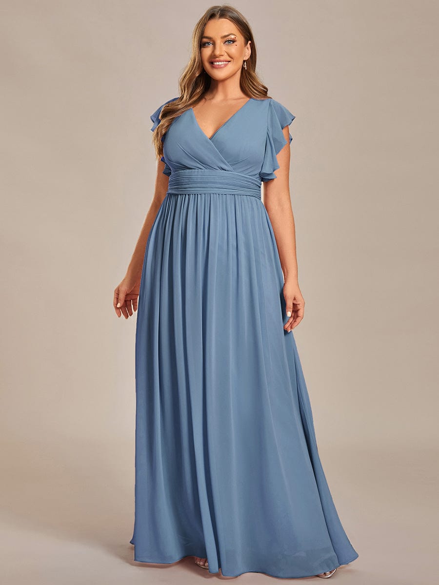 Elegant V-Neck Open Back Chiffon Bridesmaid Dress with Ruffled Sleeves #color_Dusty Navy