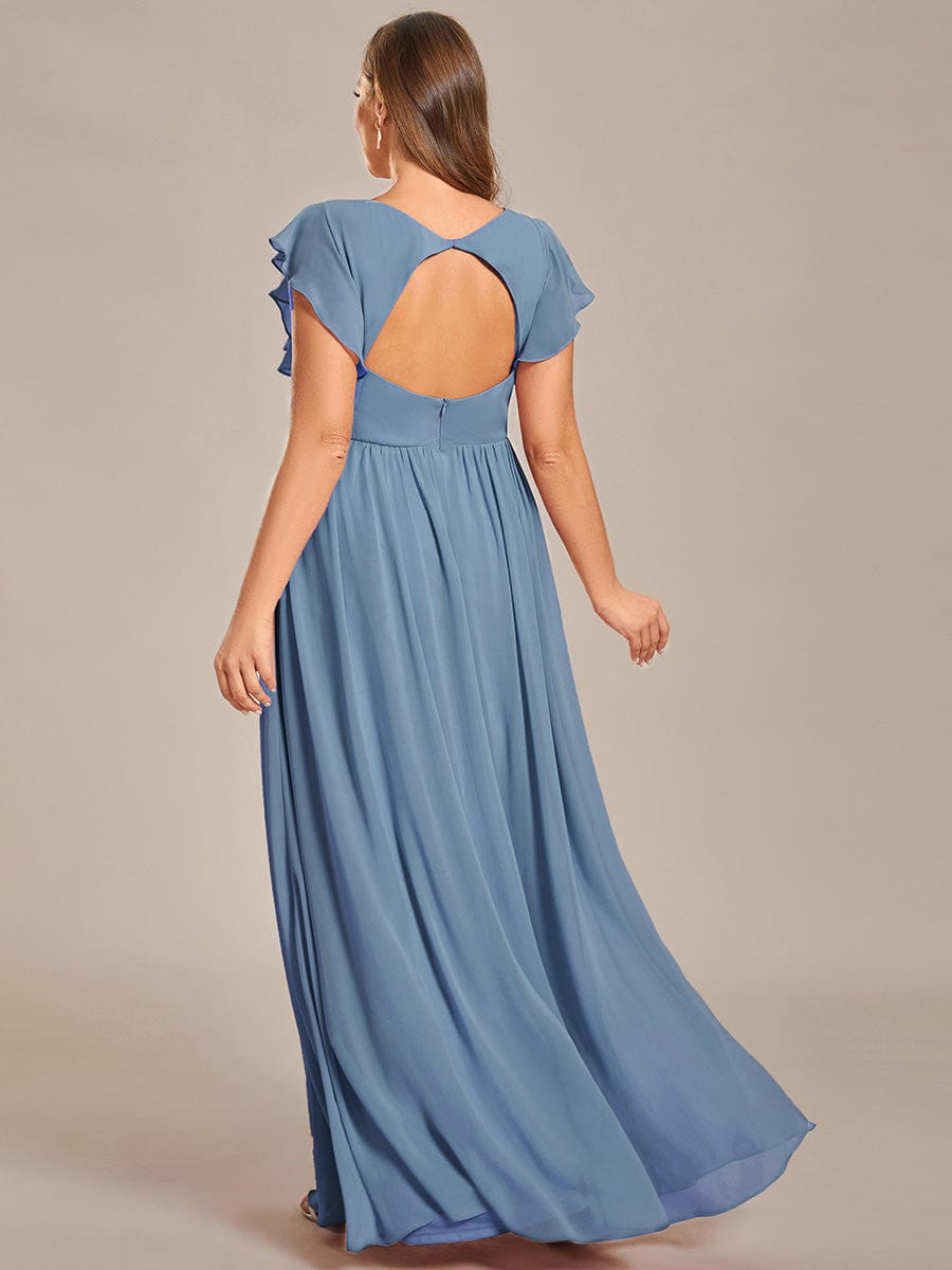 Elegant V-Neck Open Back Chiffon Bridesmaid Dress with Ruffled Sleeves #color_Dusty Navy