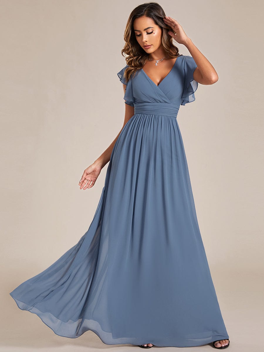 Elegant V-Neck Open Back Chiffon Bridesmaid Dress with Ruffled Sleeves #color_Dusty Navy