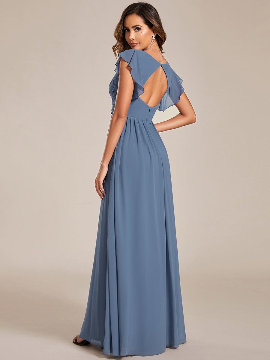 Elegant V-Neck Open Back Chiffon Bridesmaid Dress with Ruffled Sleeves #color_Dusty Navy