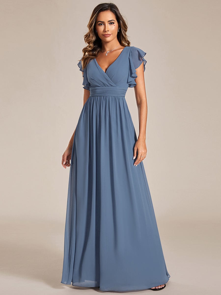 Elegant V-Neck Open Back Chiffon Bridesmaid Dress with Ruffled Sleeves #color_Dusty Blue