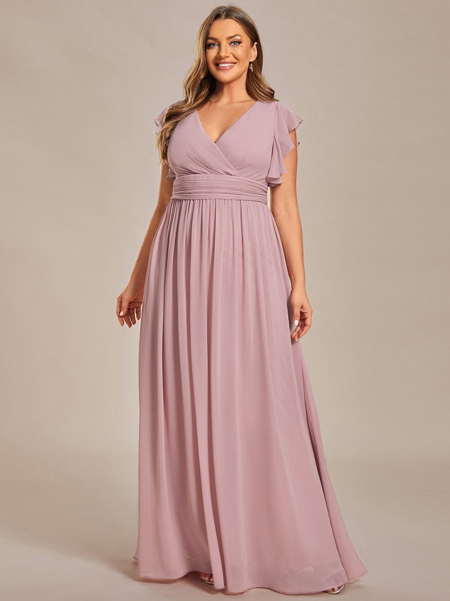 Elegant V-Neck Open Back Chiffon Bridesmaid Dress with Ruffled Sleeves #color_Dusty Rose