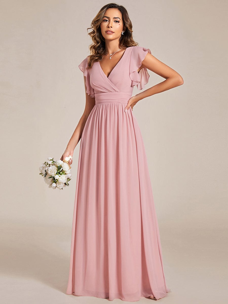 Elegant V-Neck Open Back Chiffon Bridesmaid Dress with Ruffled Sleeves #color_Dusty Rose