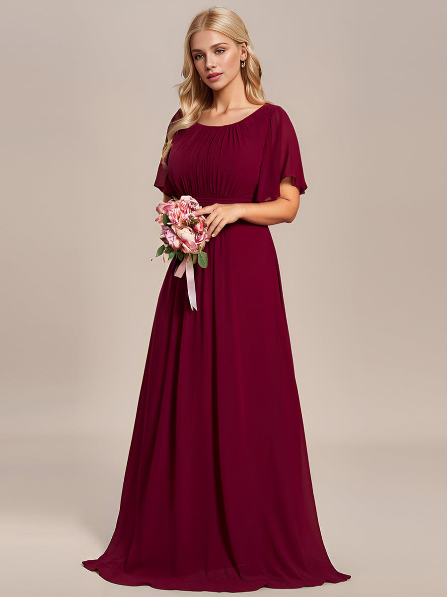 Simple Chiffon Pleated A-Line Round Neckline Bridesmaid Dress #color_Burgundy