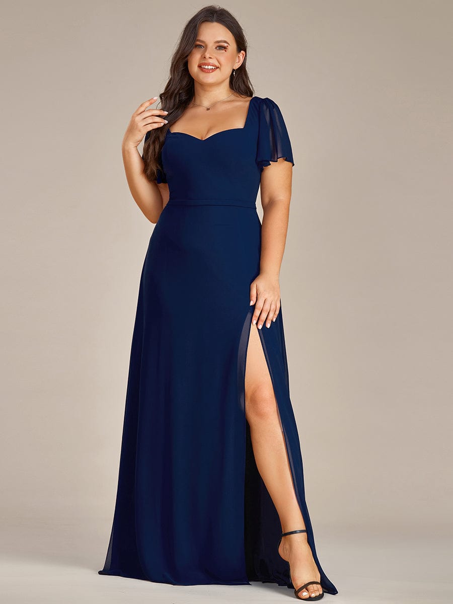 Plus Size Sweetheart Neckline Chiffon Bridesmaid Dress with Ruffled Sleeves #color_Navy Blue