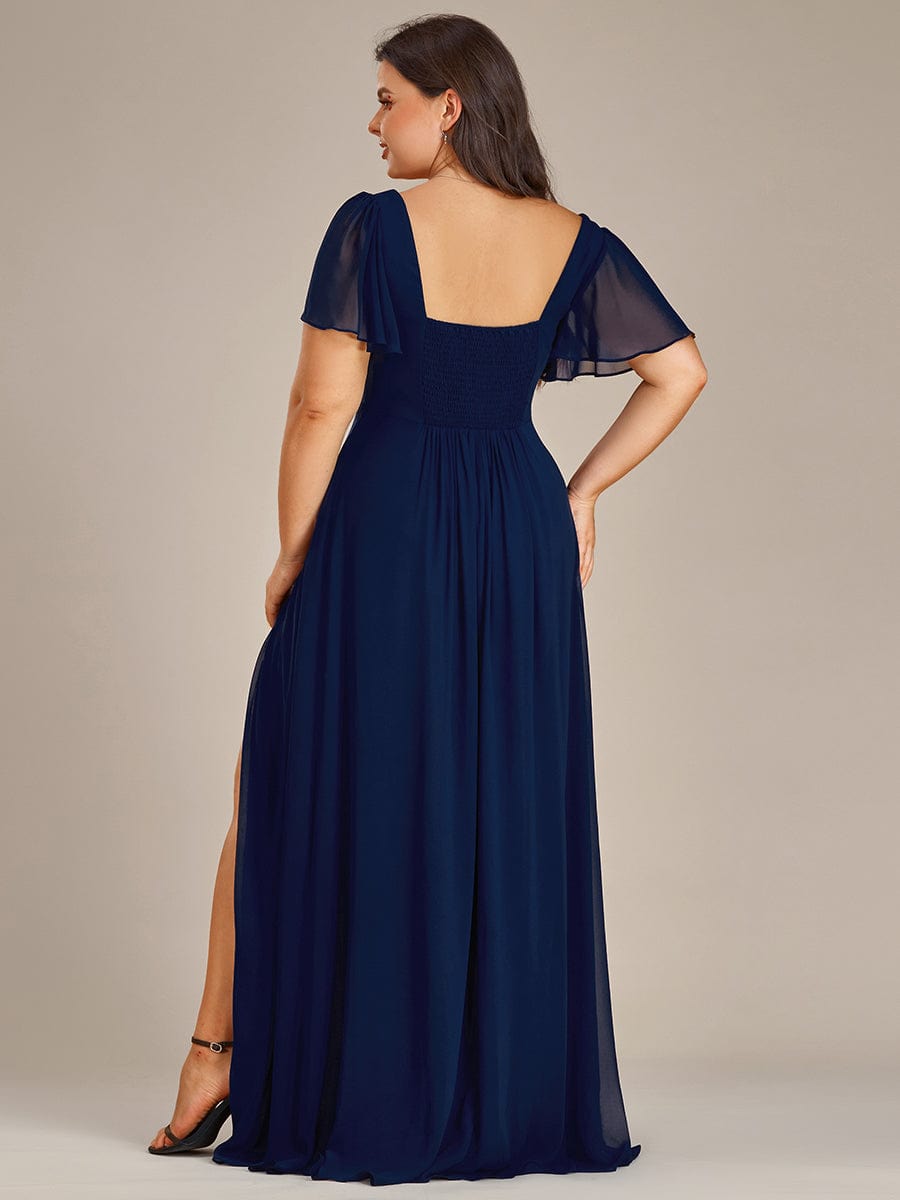 Plus Size Sweetheart Neckline Chiffon Bridesmaid Dress with Ruffled Sleeves #color_Navy Blue