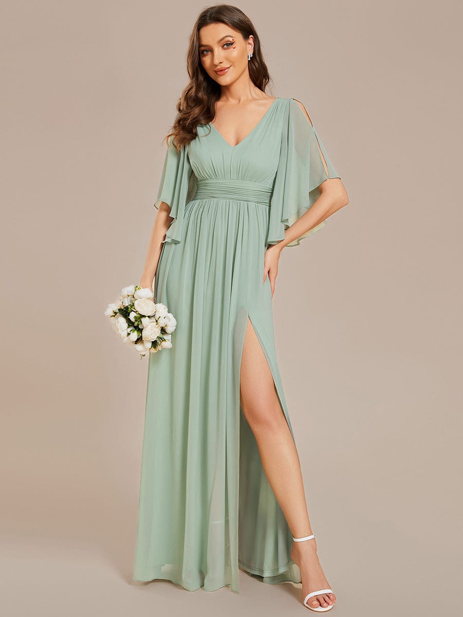 Chiffon A-Line Half Sleeves High Slit Bridesmaid Dress #color_Mint Green