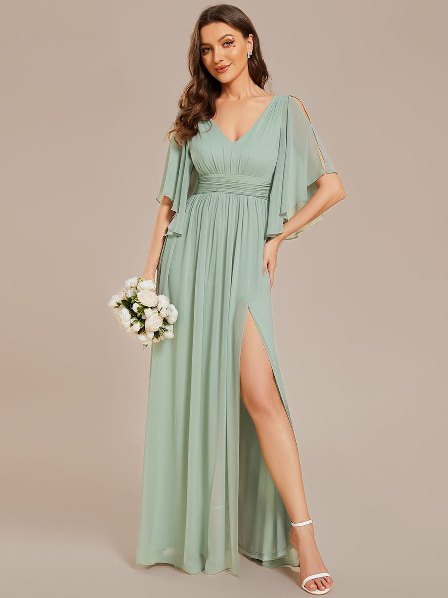Chiffon A-Line Half Sleeves High Slit Bridesmaid Dress #color_Mint Green