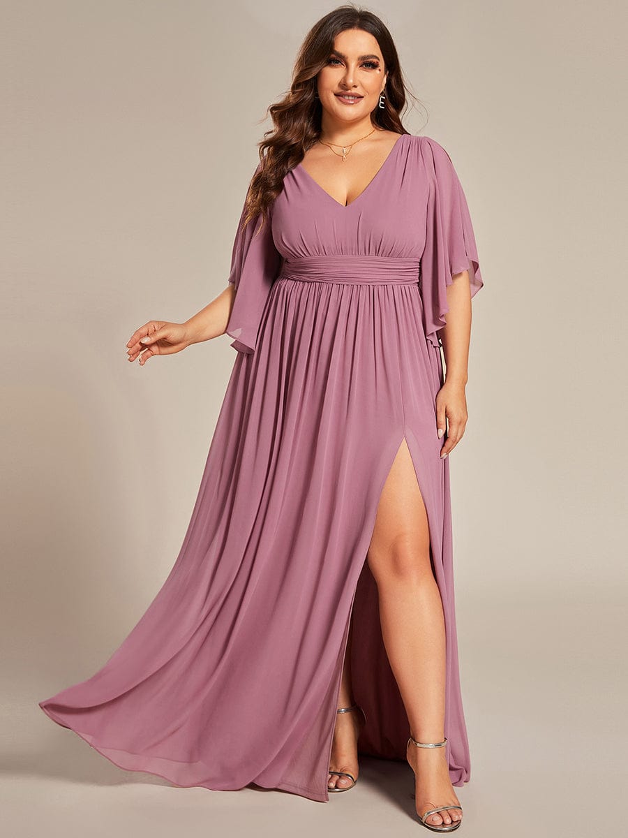 Chiffon A-Line Half Sleeves High Slit Bridesmaid Dress #color_Purple Orchid