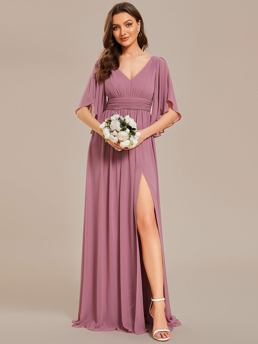 Chiffon A-Line Half Sleeves High Slit Bridesmaid Dress #color_Purple Orchid