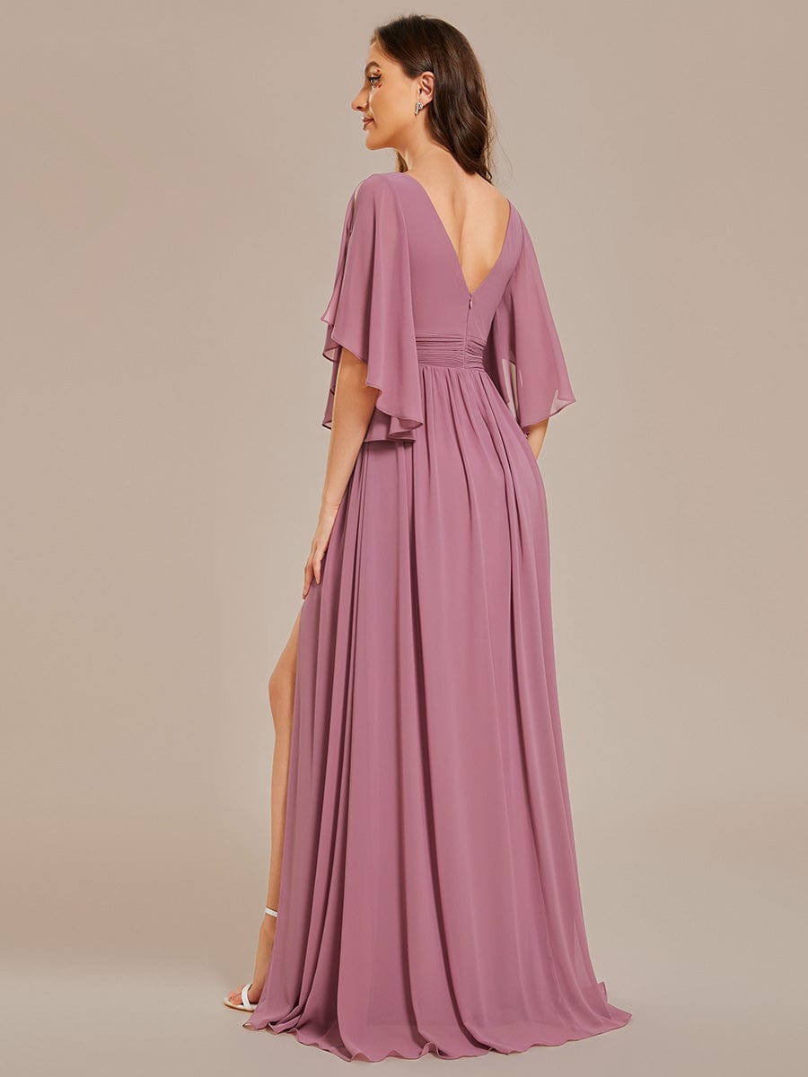 Chiffon A-Line Half Sleeves High Slit Bridesmaid Dress #color_Purple Orchid