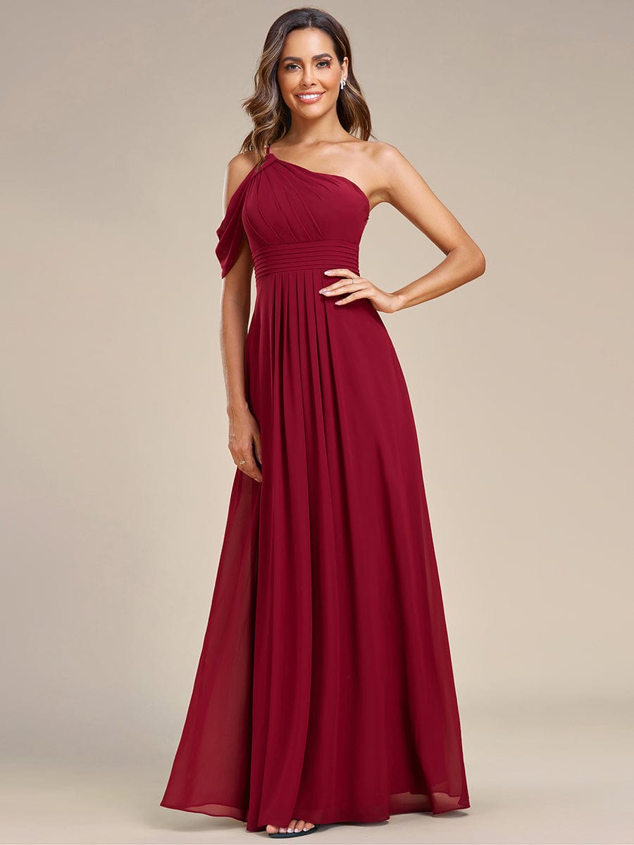 One-Shoulder Backless Asymmetric Pleated Chiffon Bridesmaid Dress #color_Burgundy