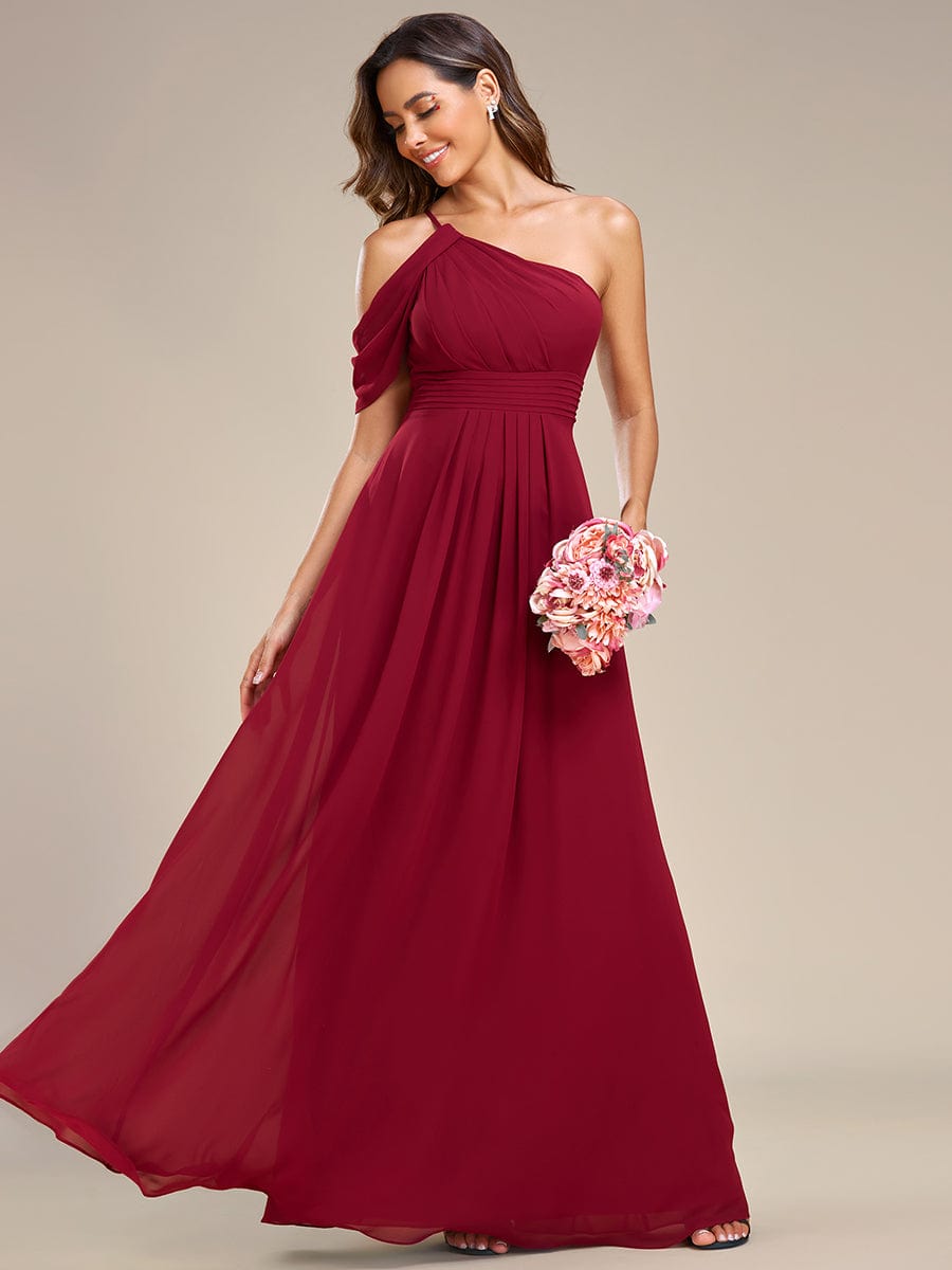 One-Shoulder Backless Asymmetric Pleated Chiffon Bridesmaid Dress #color_Burgundy