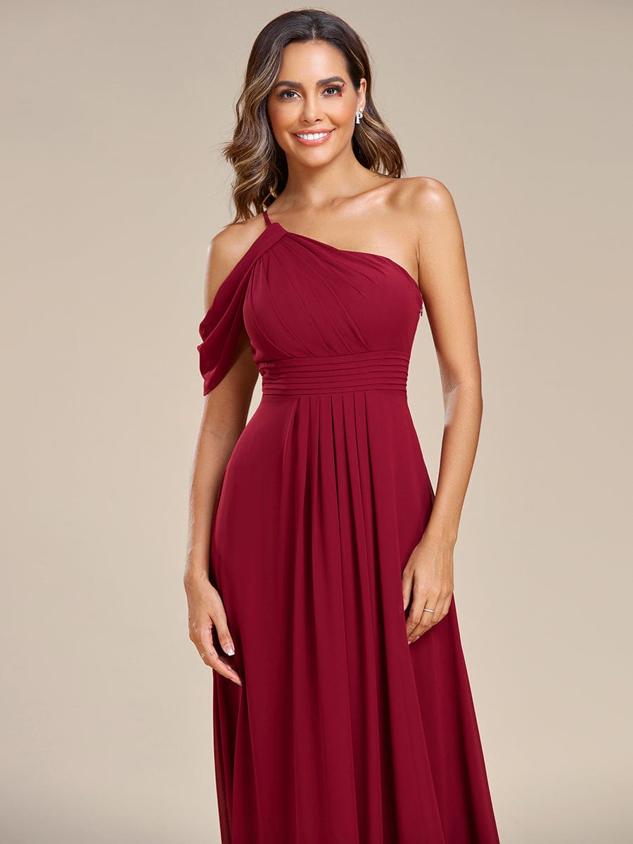 One-Shoulder Backless Asymmetric Pleated Chiffon Bridesmaid Dress #color_Burgundy