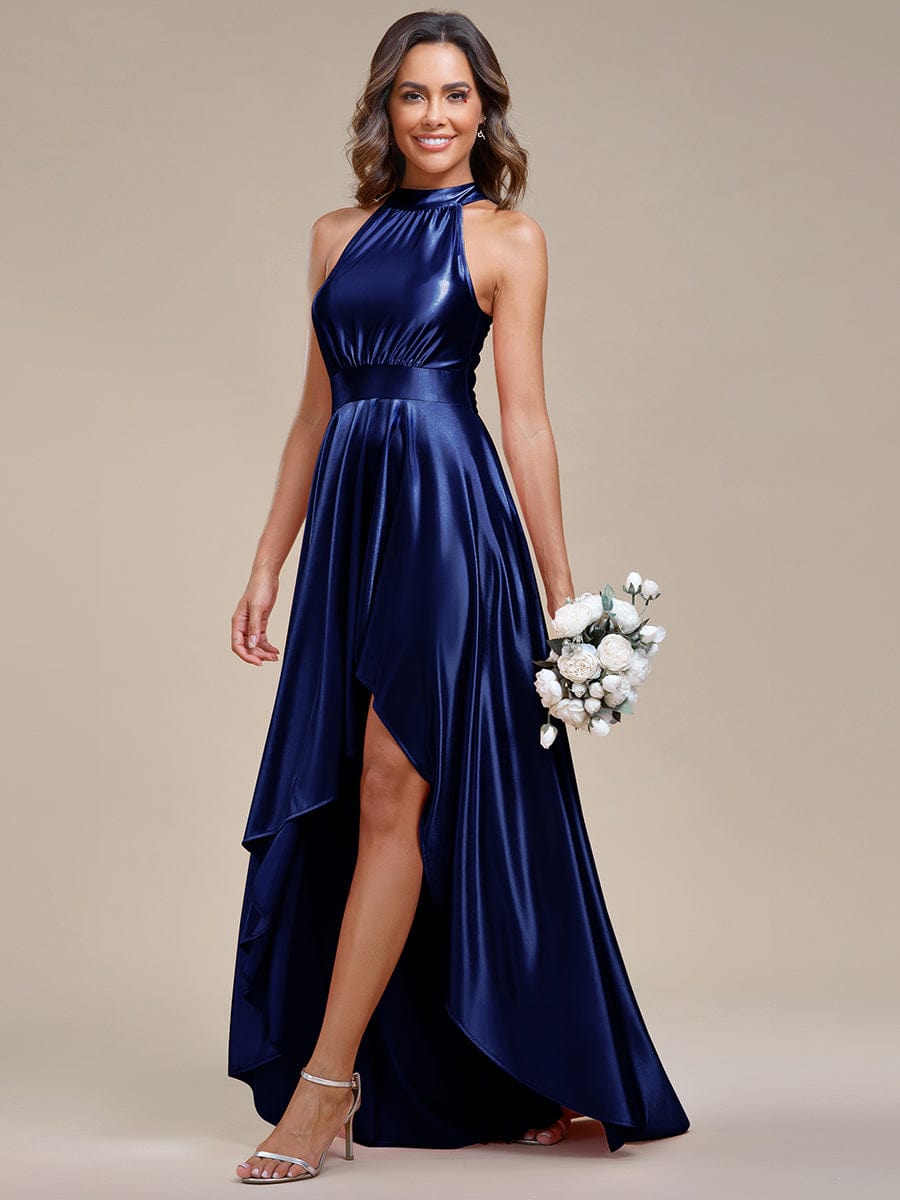 Elegant Halter High Low Satin Bridesmaid Dress #color_Navy Blue