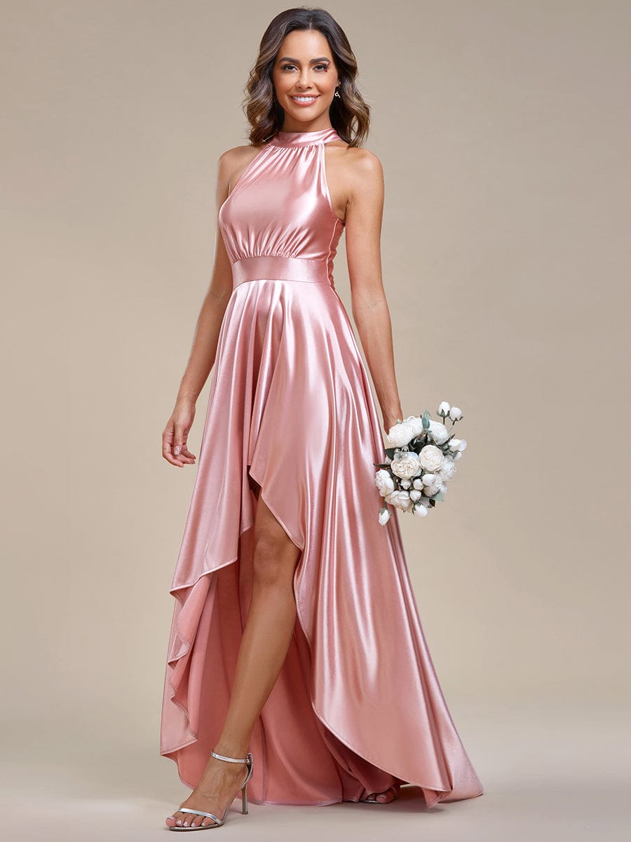 Elegant Halter High Low Satin Bridesmaid Dress #color_Pink