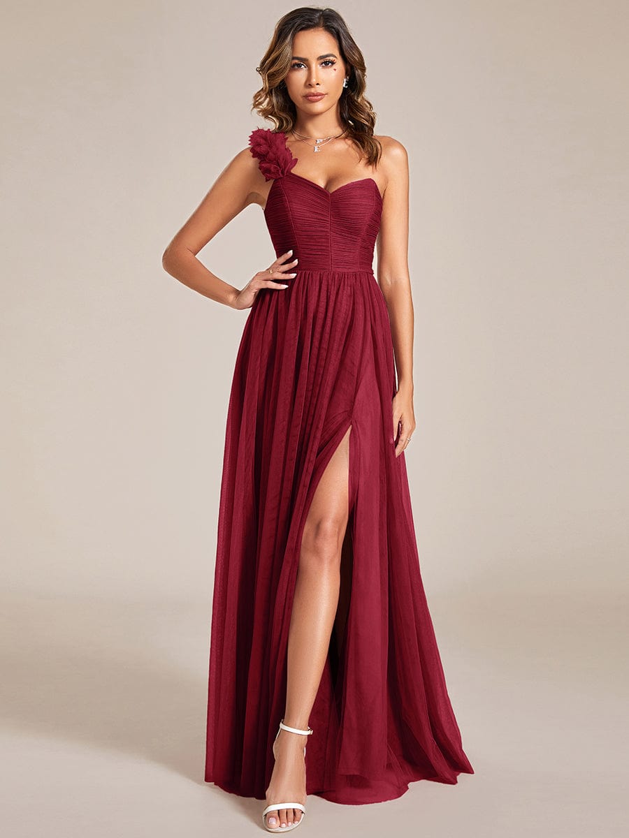 Elegant One Shoulder Maxi Tulle High Slit Bridesmaid Dress #color_Burgundy