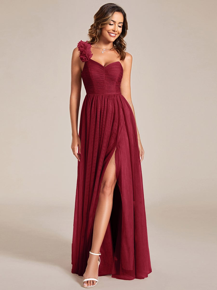 Elegant One Shoulder Maxi Tulle High Slit Bridesmaid Dress #color_Burgundy