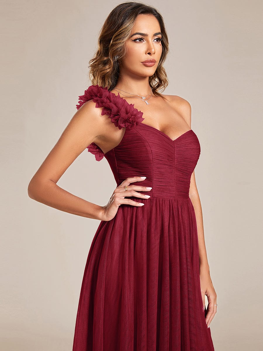 Elegant One Shoulder Maxi Tulle High Slit Bridesmaid Dress #color_Burgundy