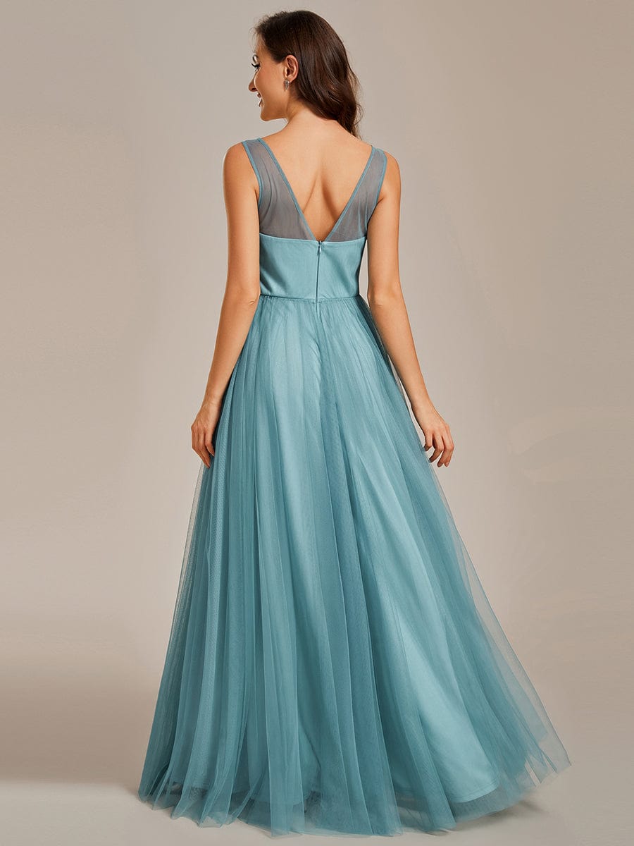 Elegant V-Neck Applique Maxi Bridesmaid Dress #color_Light Teal