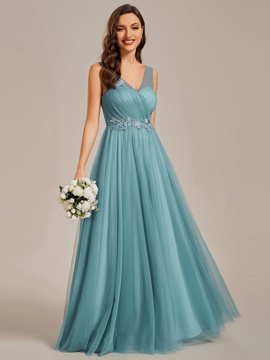 Elegant V-Neck Applique Maxi Bridesmaid Dress #color_Light Teal