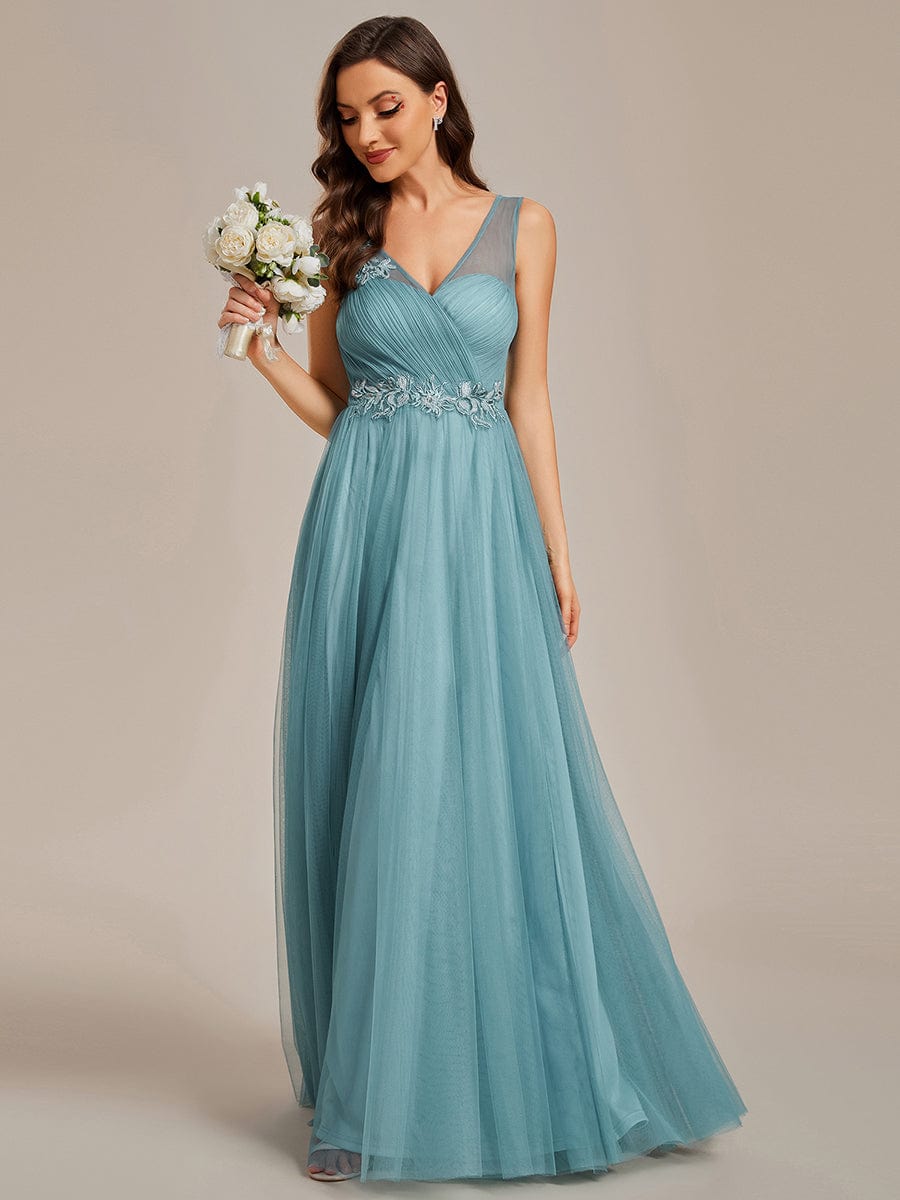 Elegant V-Neck Applique Maxi Bridesmaid Dress #color_Light Teal