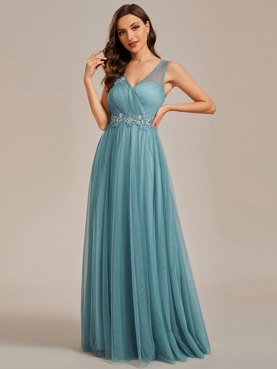 Elegant V-Neck Applique Maxi Bridesmaid Dress #color_Light Teal