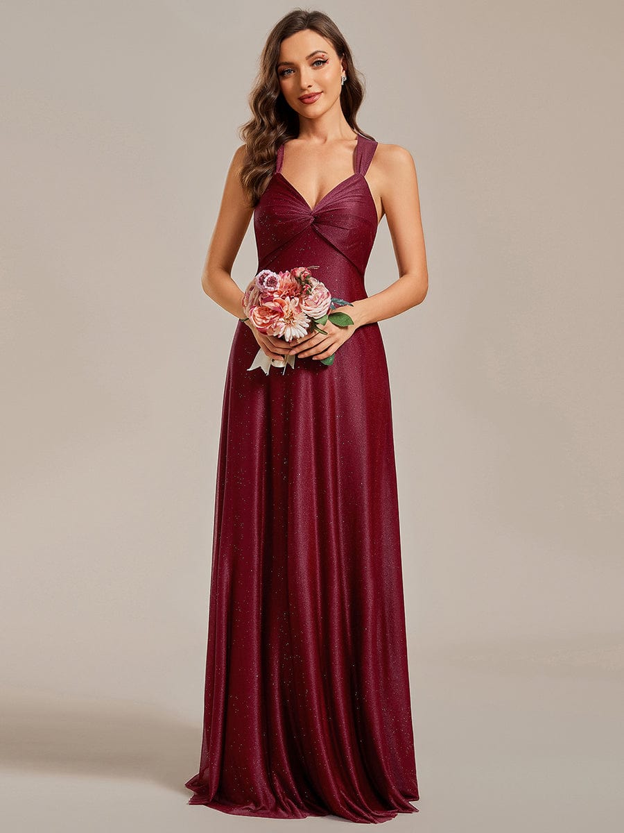 Glittery V-Neck Sleeveless Bridesmaid Dress with Adjustable Lace-Up Back #color_Burgundy