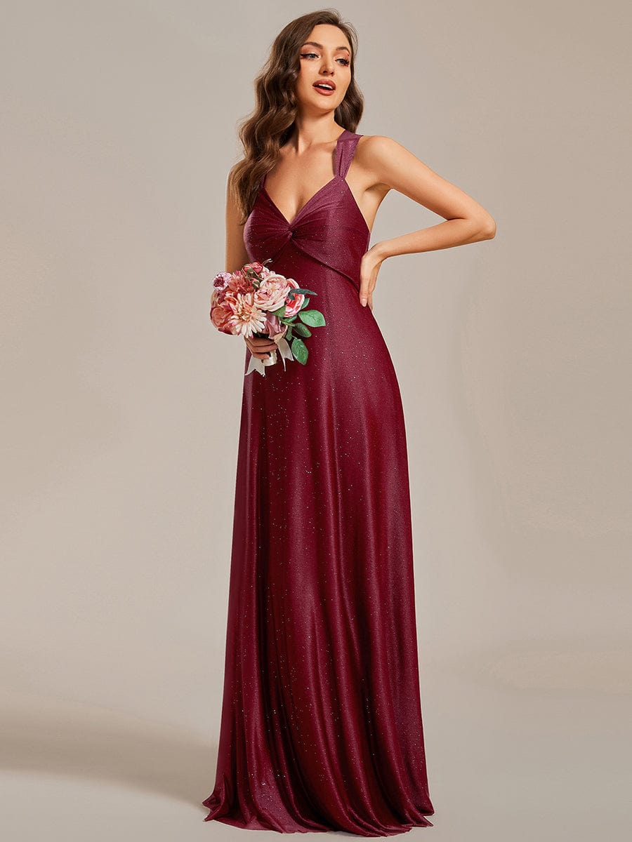 Glittery V-Neck Sleeveless Bridesmaid Dress with Adjustable Lace-Up Back #color_Burgundy