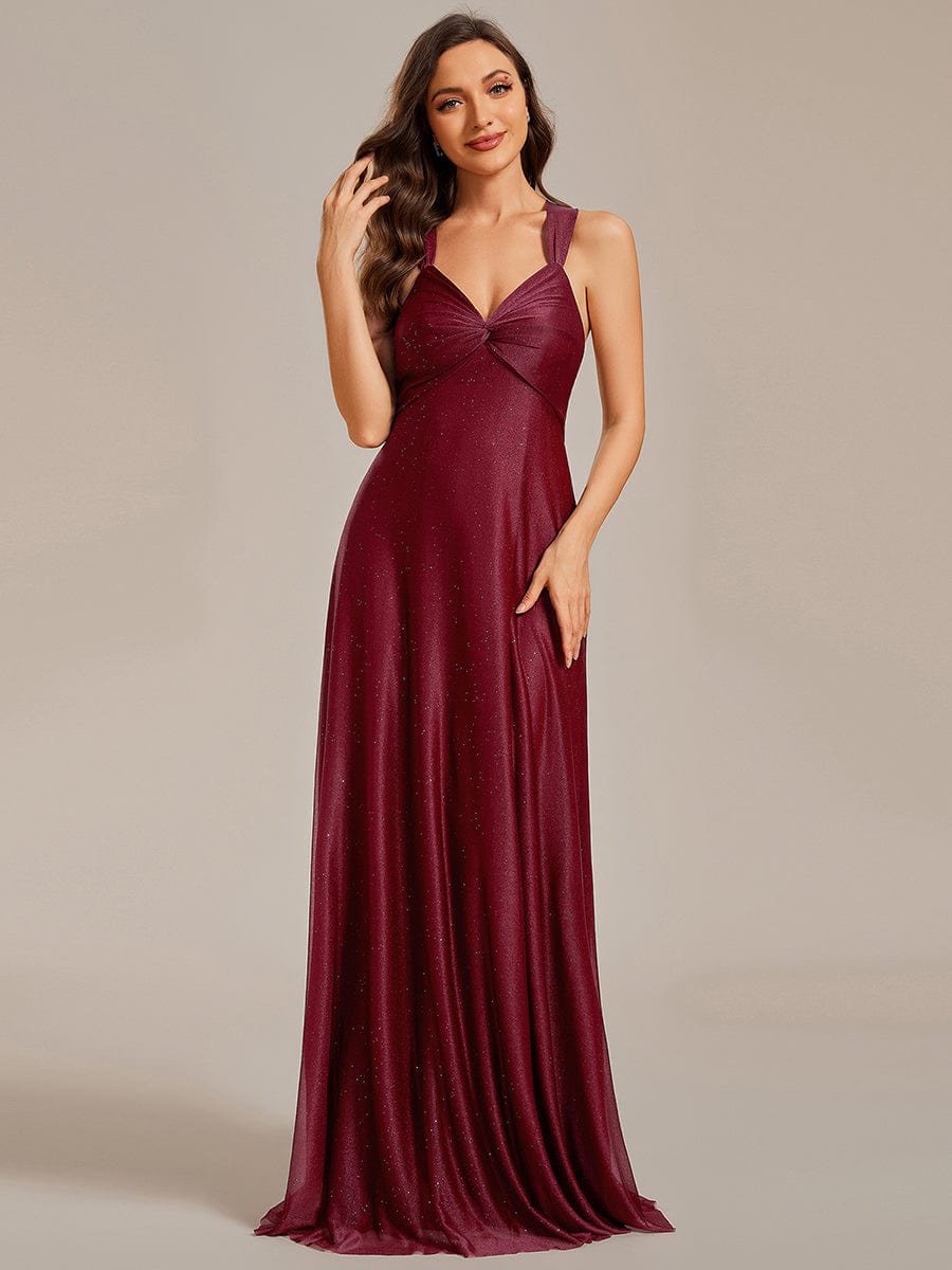 Glittery V-Neck Sleeveless Bridesmaid Dress with Adjustable Lace-Up Back #color_Burgundy