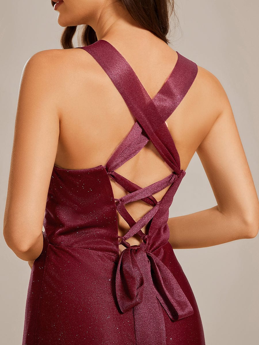 Glittery V-Neck Sleeveless Bridesmaid Dress with Adjustable Lace-Up Back #color_Burgundy