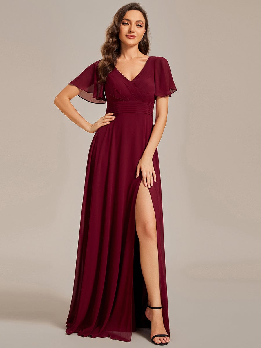 See-Through Back Flutter Sleeves High Slit Chiffon Evening Dress #color_Burgundy