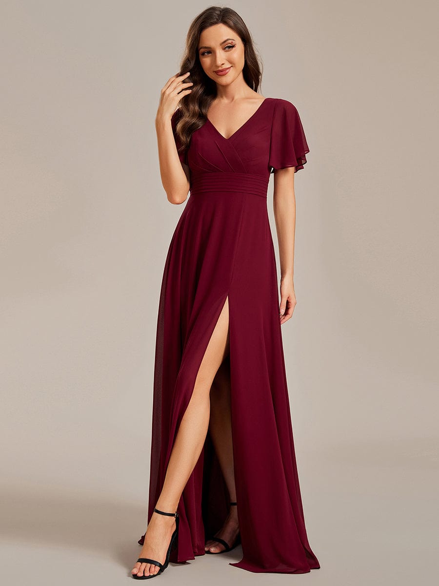 See-Through Back Flutter Sleeves High Slit Chiffon Evening Dress #color_Burgundy