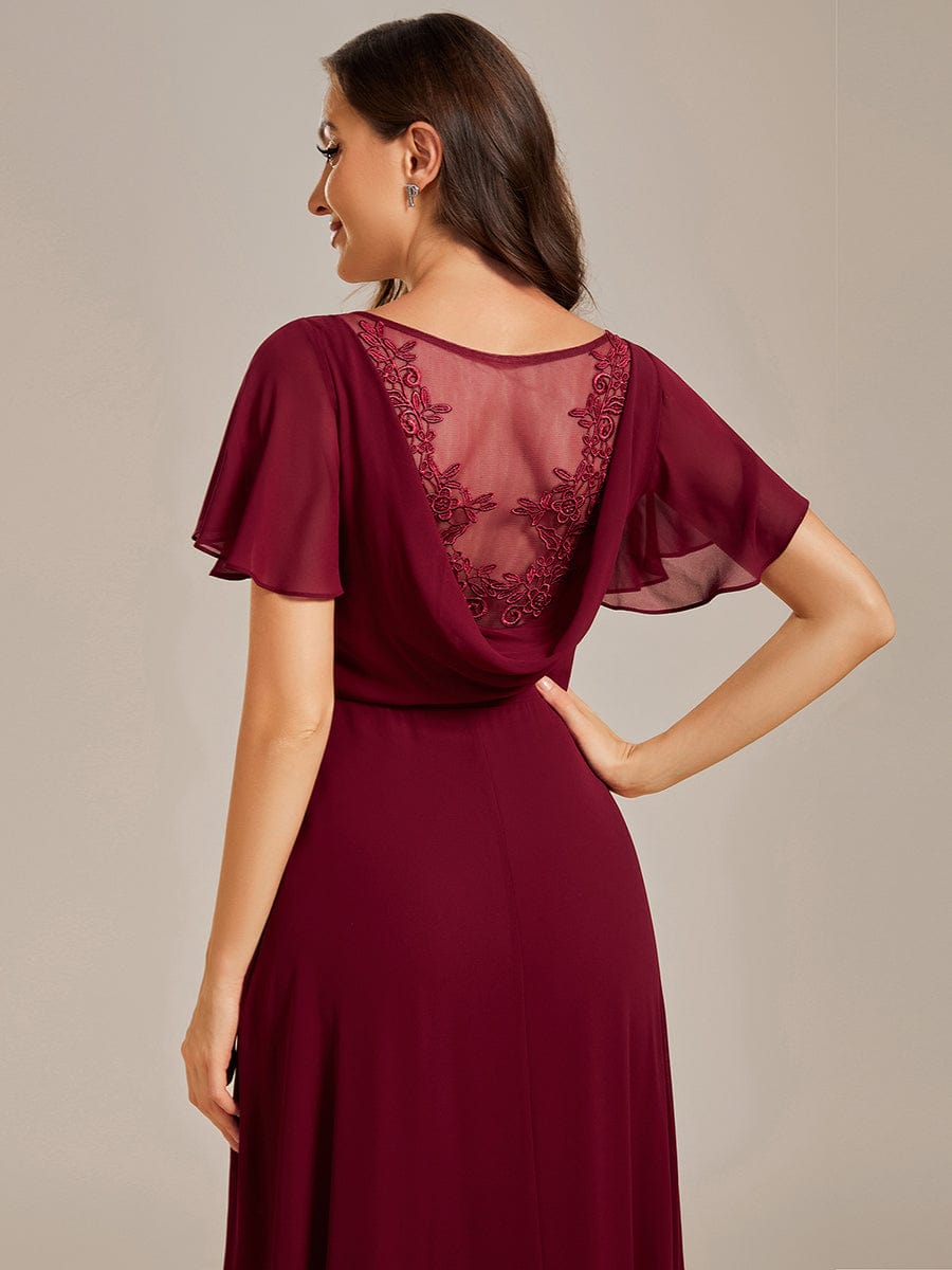 See-Through Back Flutter Sleeves High Slit Chiffon Evening Dress #color_Burgundy