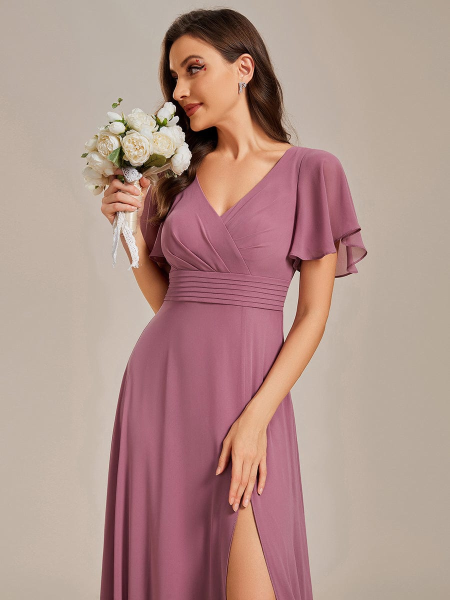 See-Through Back Flutter Sleeves High Slit Chiffon Evening Dress #color_Purple Orchid