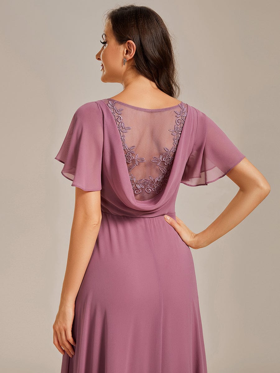 See-Through Back Flutter Sleeves High Slit Chiffon Evening Dress #color_Purple Orchid