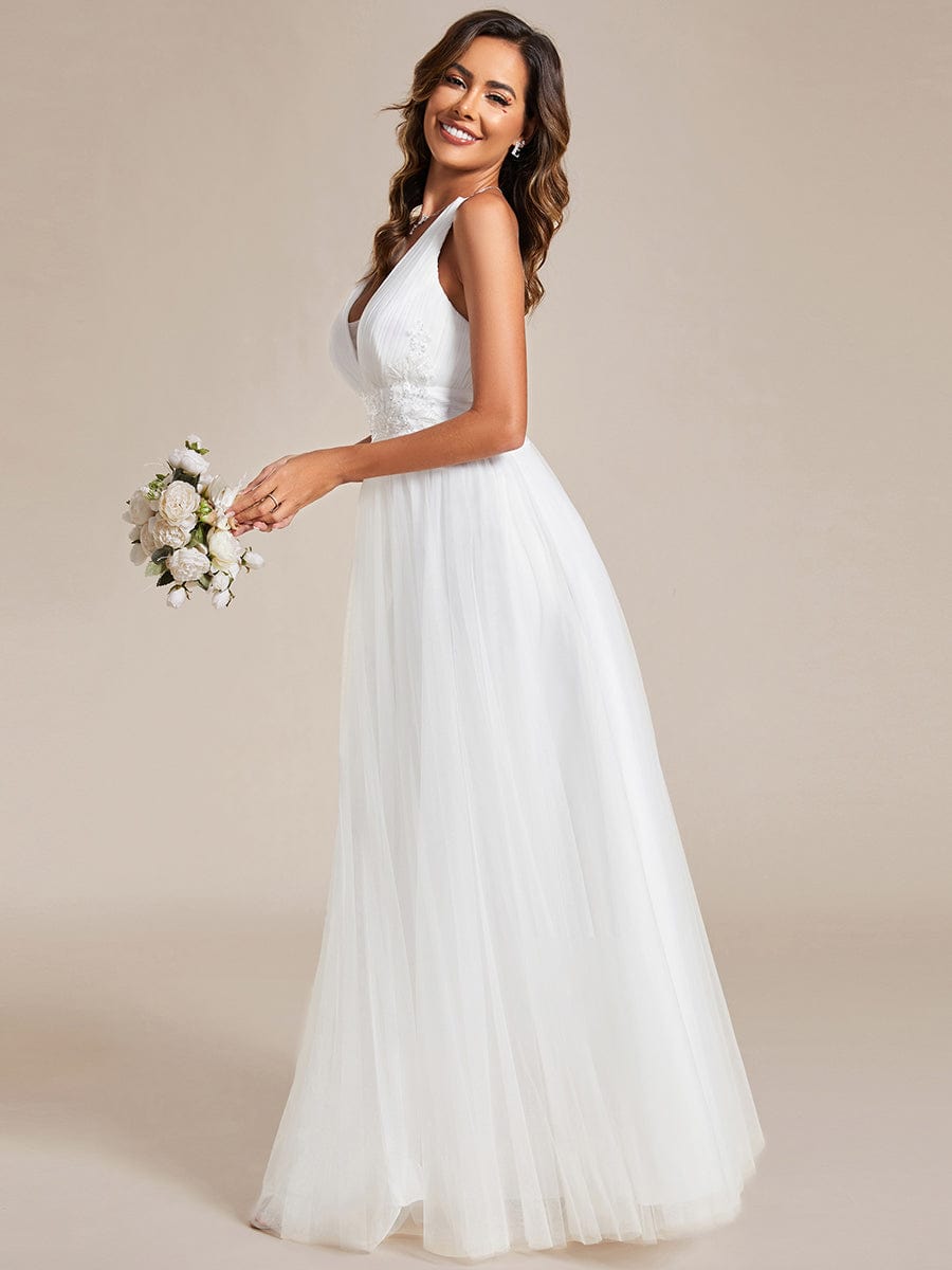 Elegant V-Neck Sleeveless Pleated A-Line Wedding Dress #color_White