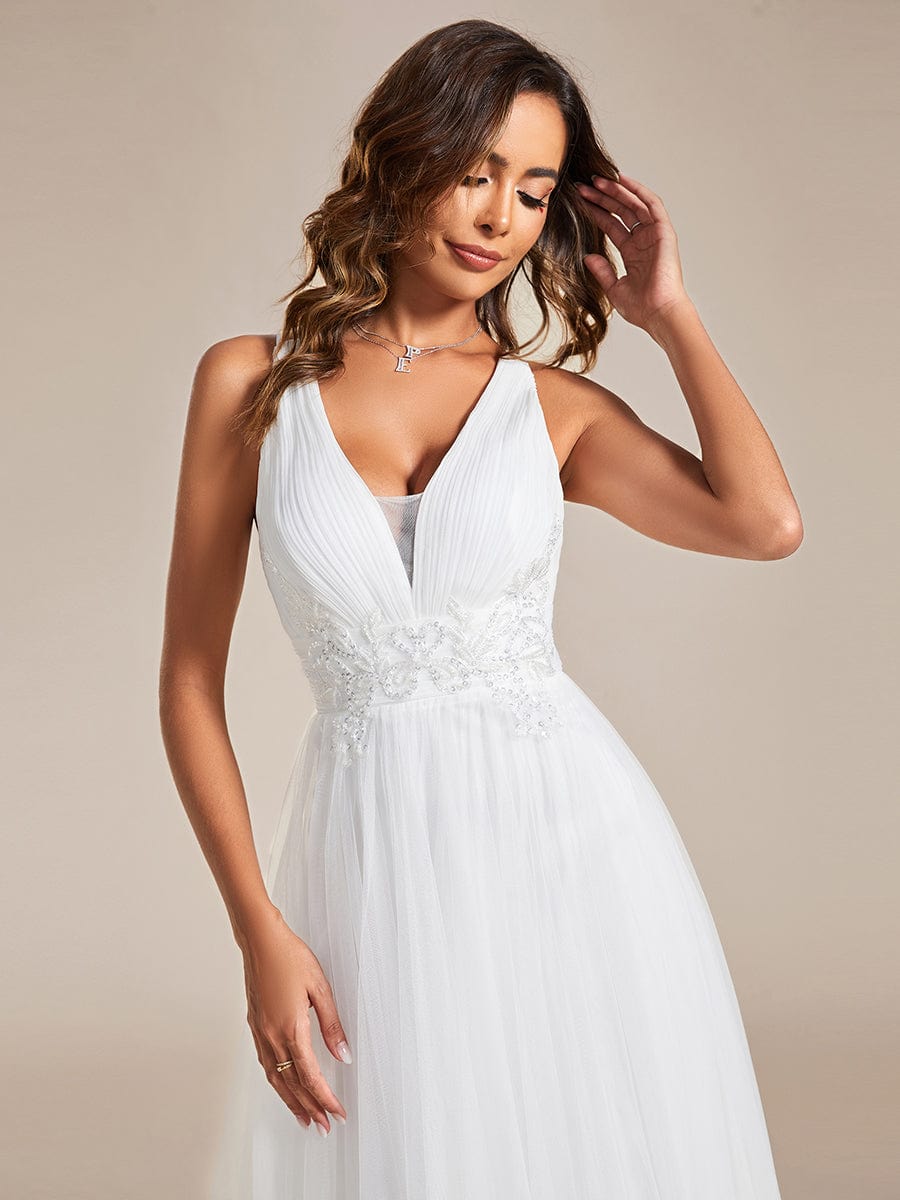 Elegant V-Neck Sleeveless Pleated A-Line Wedding Dress #color_White