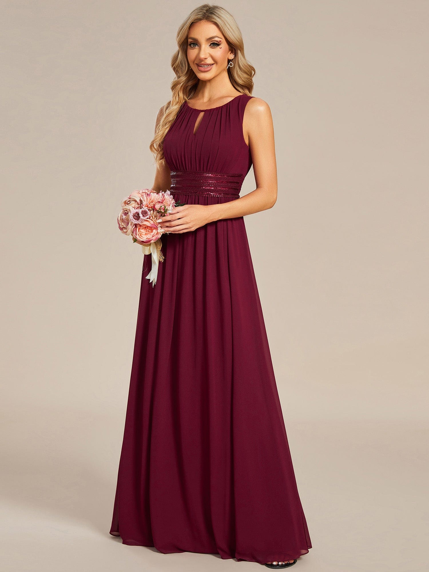 A-Line Chiffon Bridesmaid Dress with Sleeveless Round Neckline and Pleats #color_Burgundy