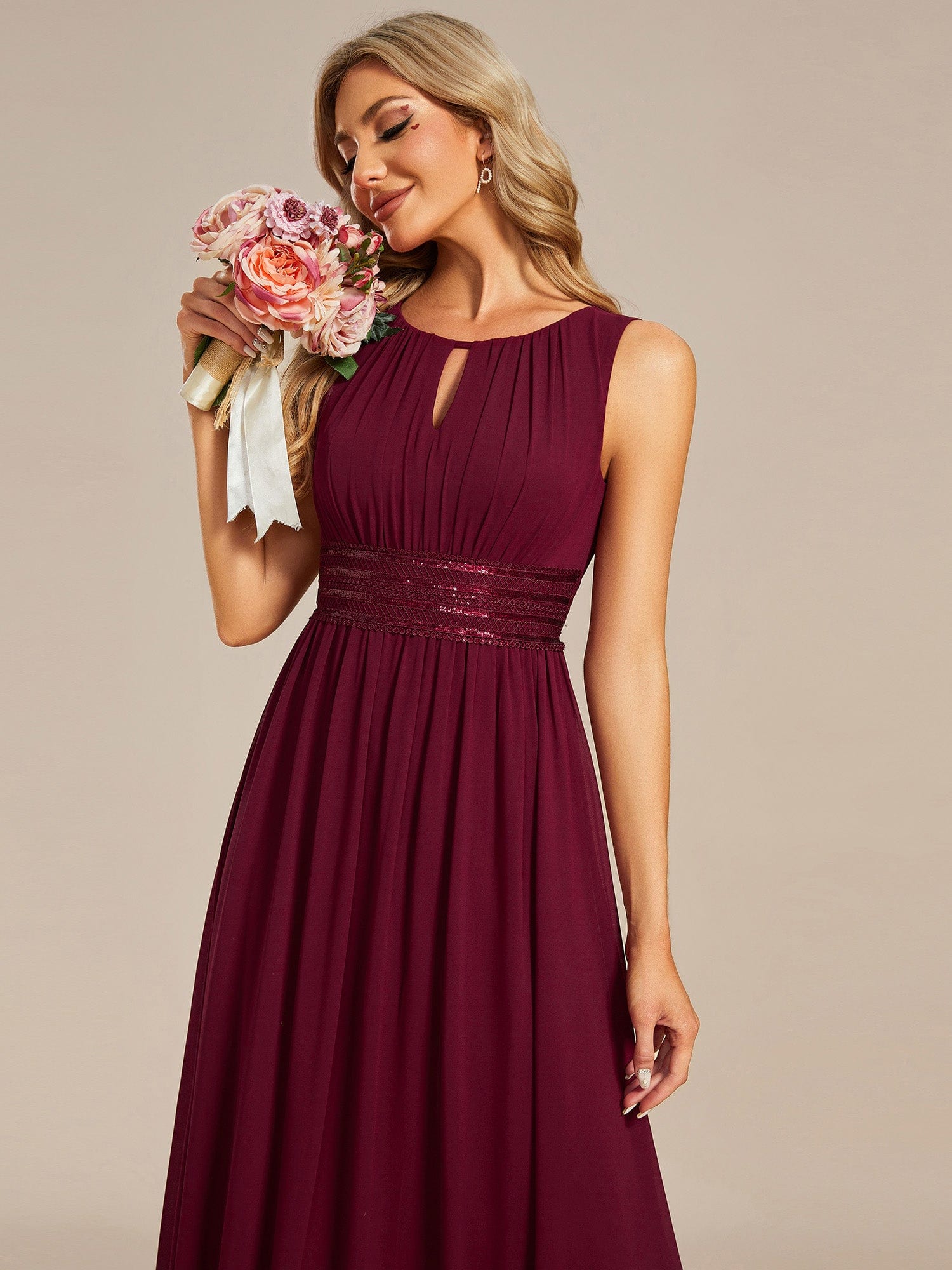 A-Line Chiffon Bridesmaid Dress with Sleeveless Round Neckline and Pleats #color_Burgundy