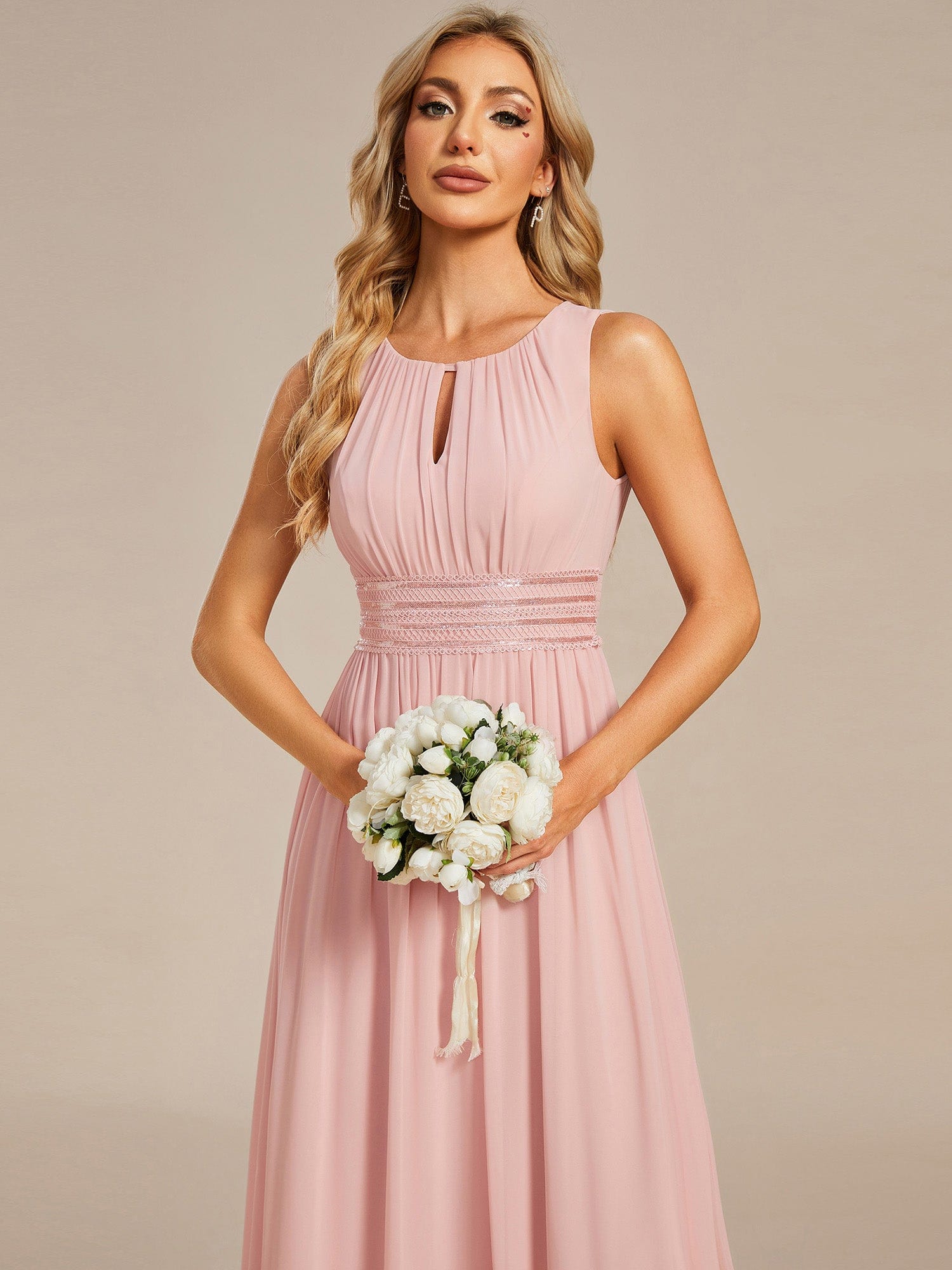 A-Line Chiffon Bridesmaid Dress with Sleeveless Round Neckline and Pleats #color_Pink