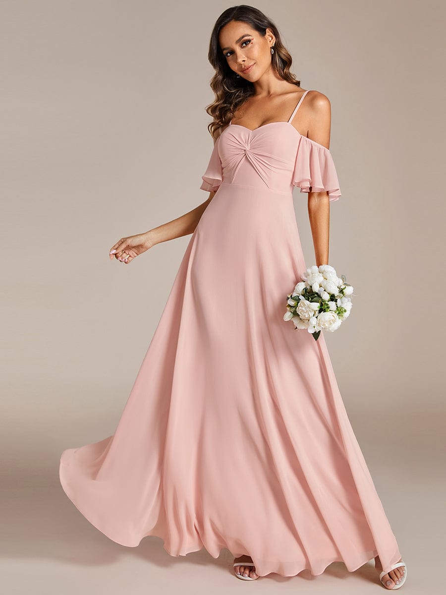 Off Shoulder Chiffon Bridesmaid Dresses with Ruffles Sleeve #color_Pink