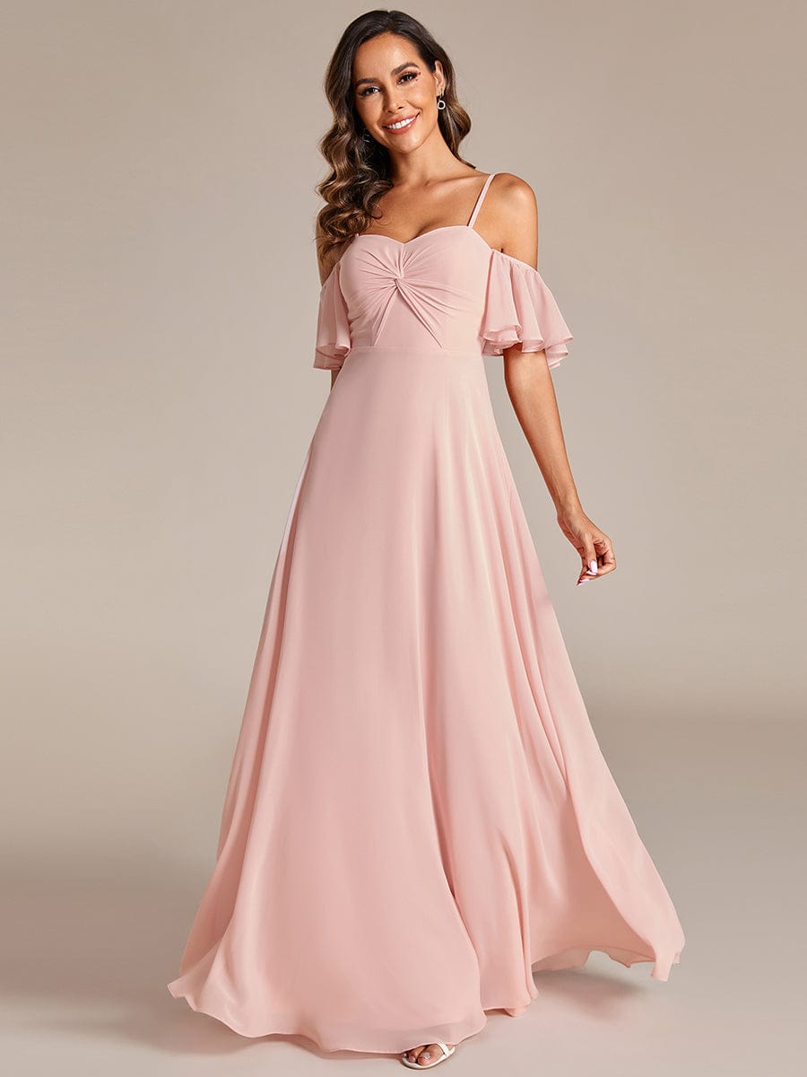 Off Shoulder Chiffon Bridesmaid Dresses with Ruffles Sleeve #color_Pink