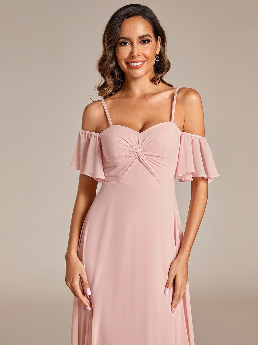 Off Shoulder Chiffon Bridesmaid Dresses with Ruffles Sleeve #color_Pink