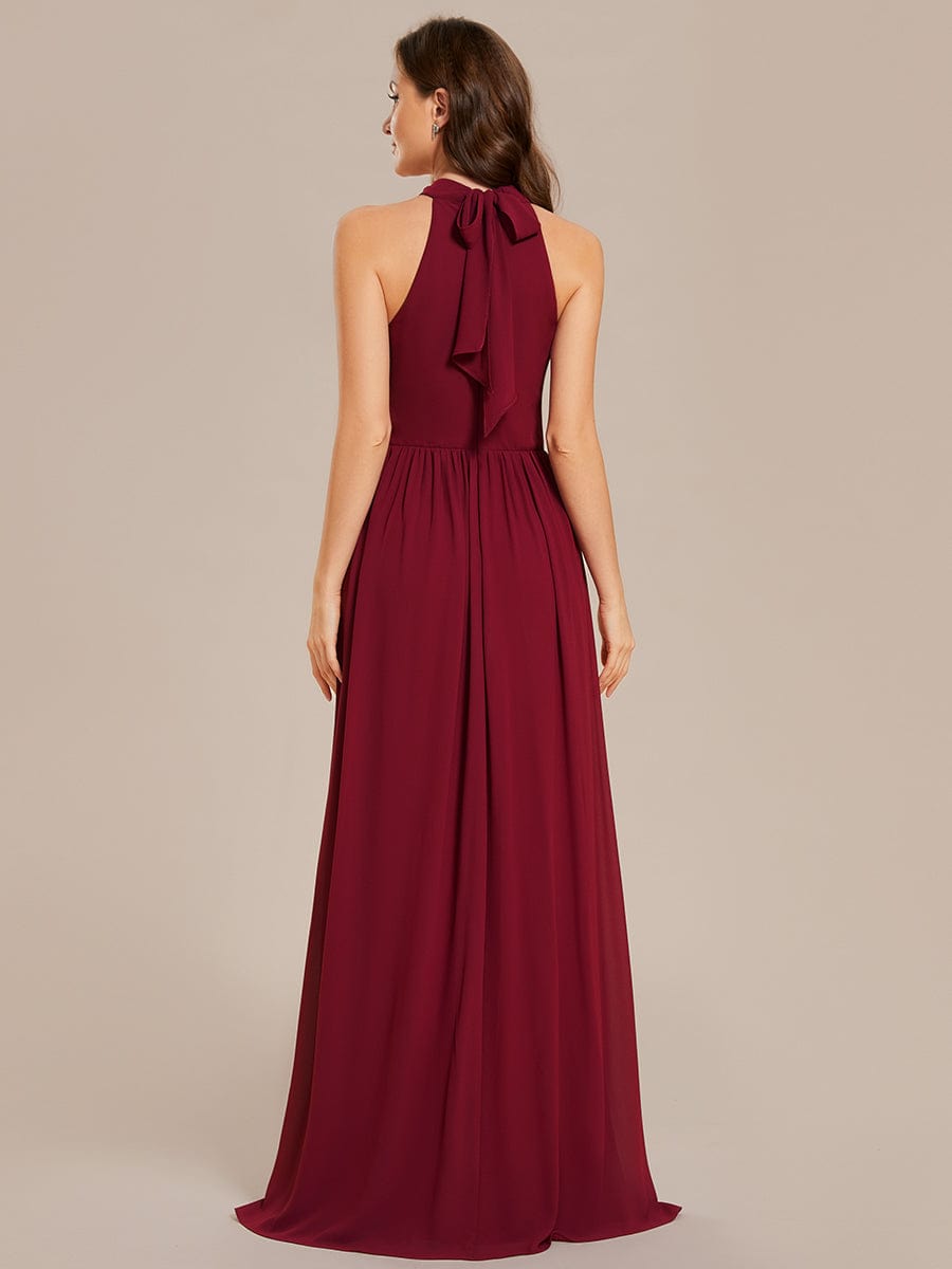 Sleeveless Chiffon Halter A-Line Maxi Bridesmaid Dress with Pleats and High Slit #color_Burgundy