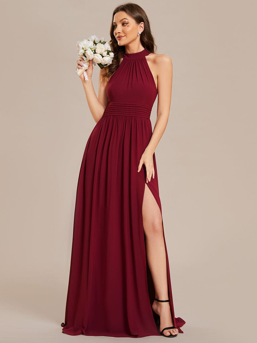 Sleeveless Chiffon Halter A-Line Maxi Bridesmaid Dress with Pleats and High Slit #color_Burgundy