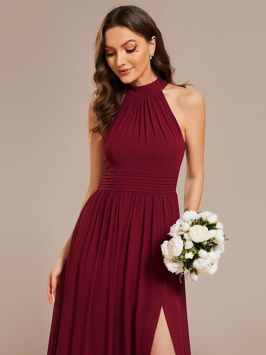 Sleeveless Chiffon Halter A-Line Maxi Bridesmaid Dress with Pleats and High Slit #color_Burgundy