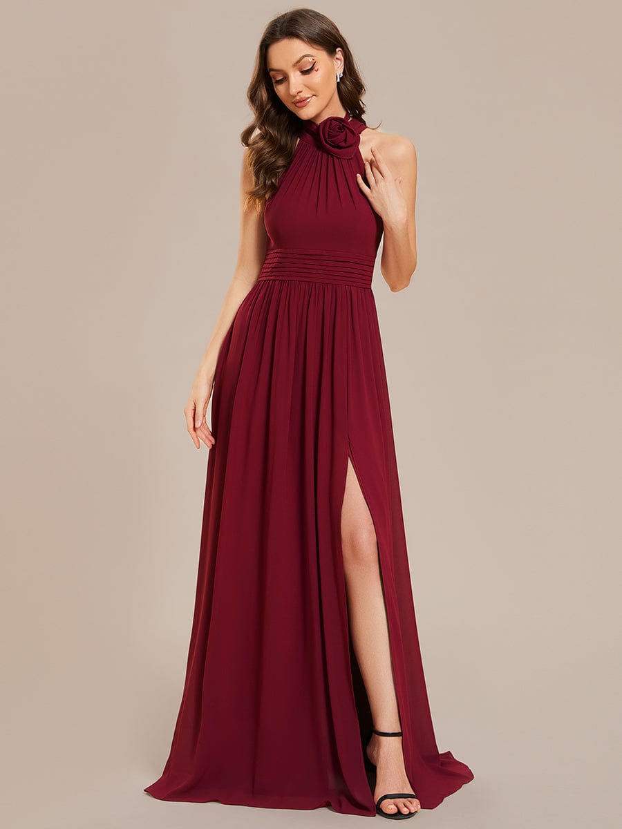 Sleeveless Chiffon Halter A-Line Maxi Bridesmaid Dress with Pleats and High Slit #color_Burgundy